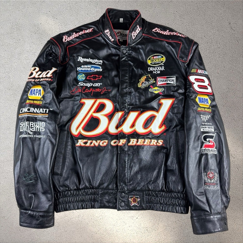 Vintage Jeff Hamilton Dale Jr Budweiser NASCAR Leather Racing Jacket Mens Large